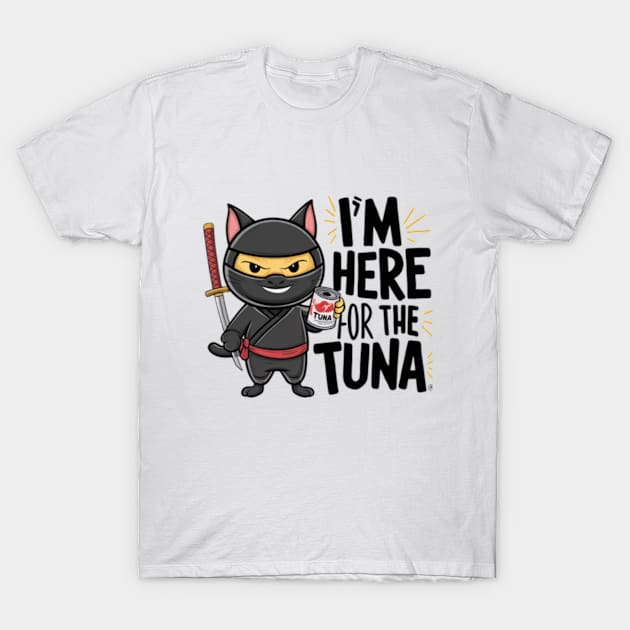 One design features a sneaky ninja cat with a katana in one hand and a can of tuna in the other. (7) T-Shirt by YolandaRoberts